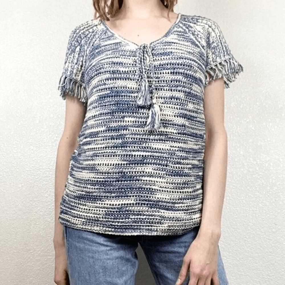 Massimo Dutti Navy Cream Crochet Oversized Raw Cuffs Knit Blouse 3678